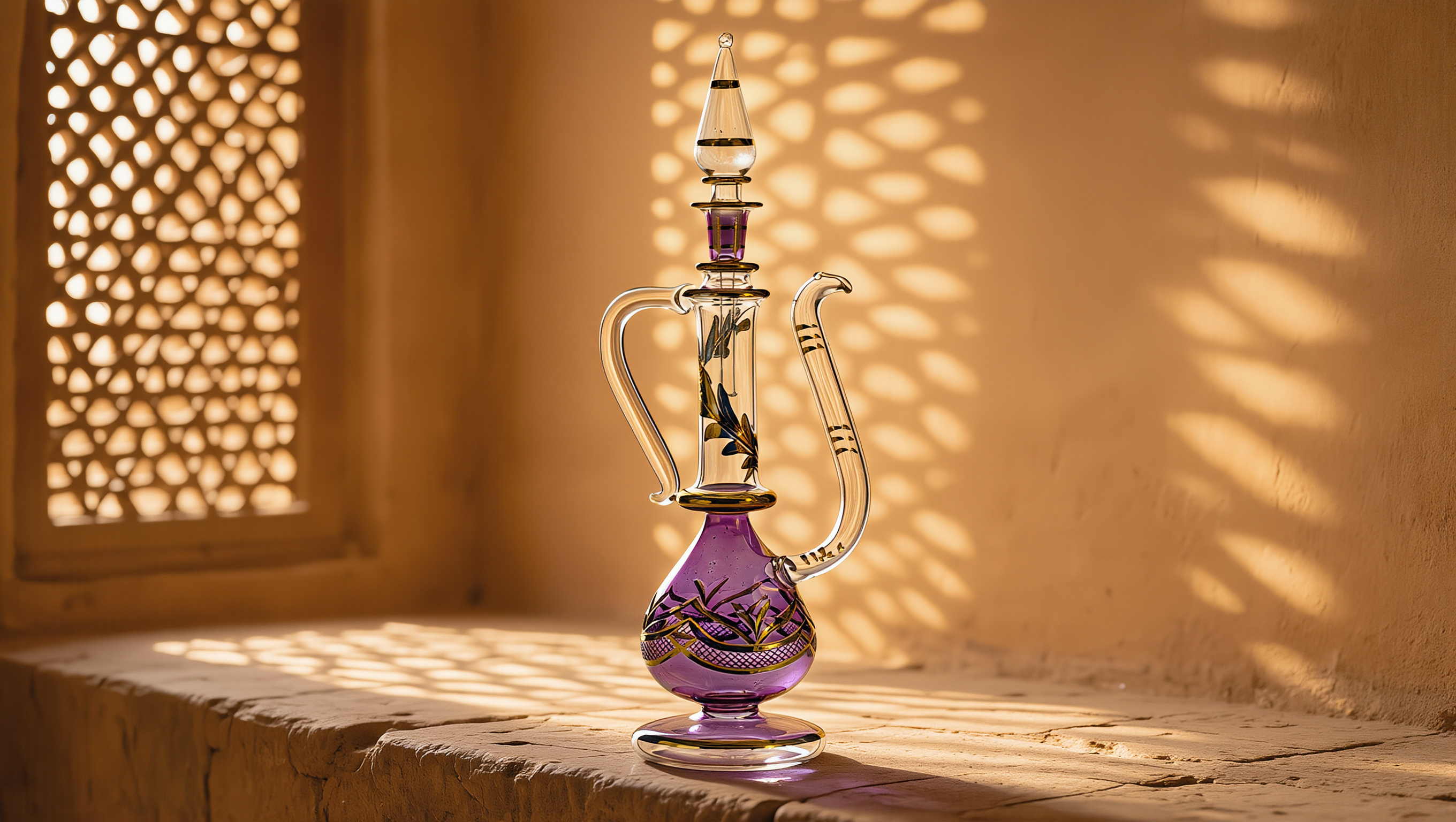 Amira — Hand-Blown Egyptian Glass Ewer in Purple & 24K Gold