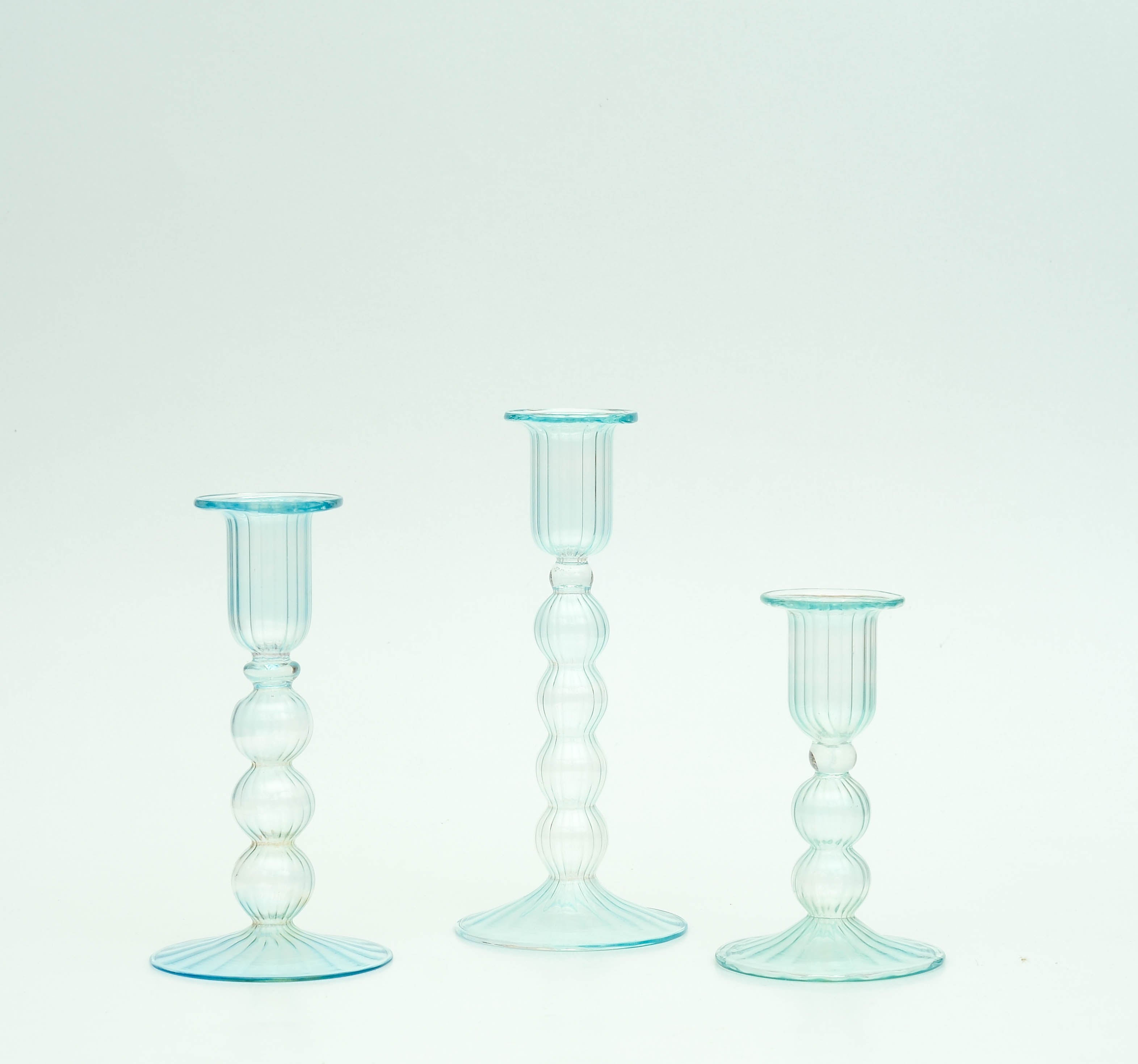 The Maya Set — Aqua Glass Candlesticks, Set of Three Heights