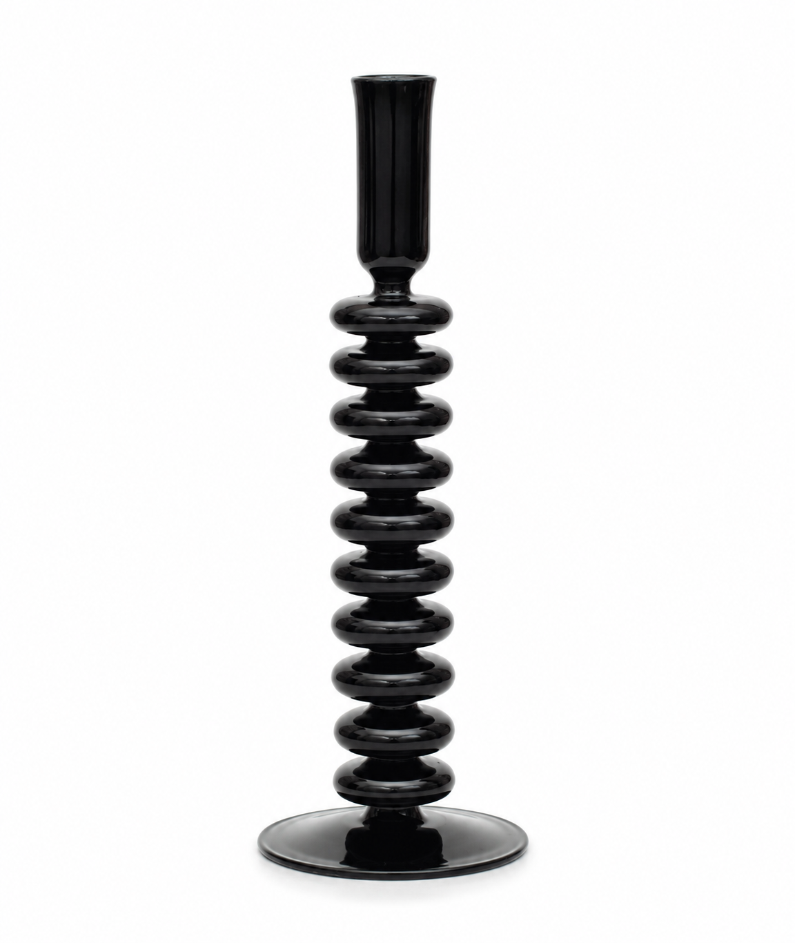 Muqarnas Black Stacked-Disc Candlestick — Hand-Blown Glass & 24K Gold