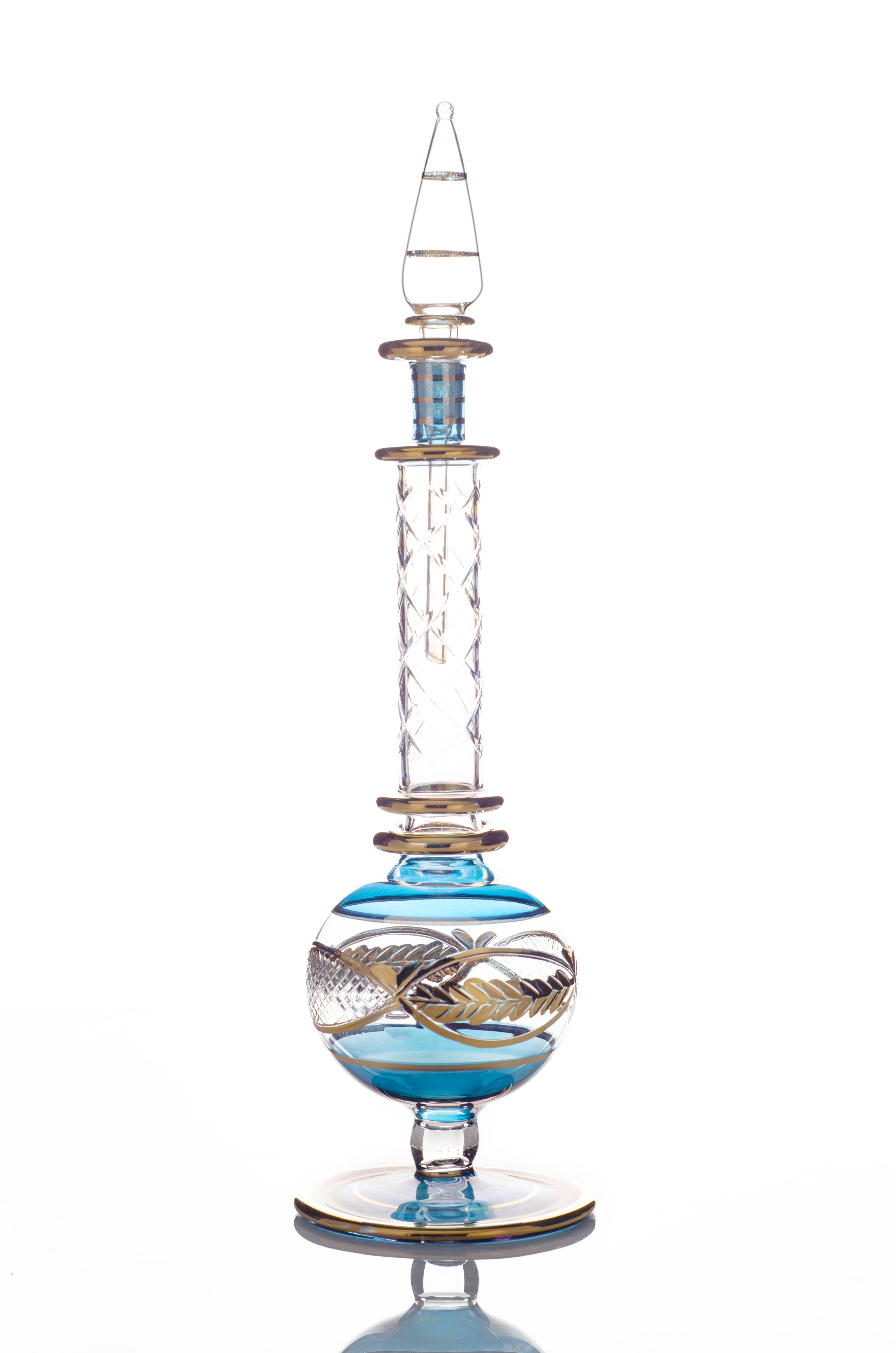 Badr — Tall Egyptian Perfume Bottle with Cross-Cut Column, Blue & Gold