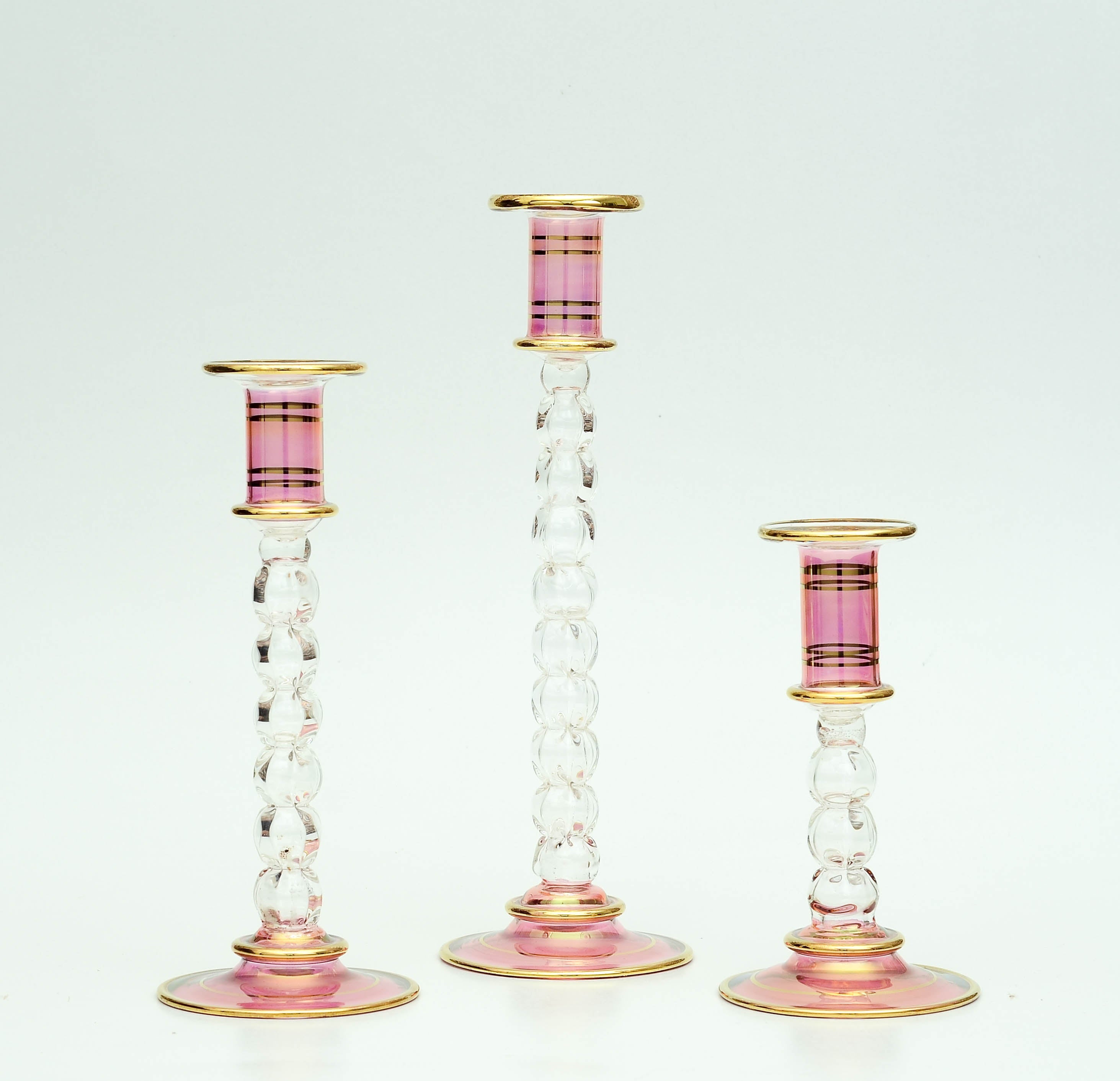 The Farah Set — Pink & 24K Gold Glass Candlesticks, Set of Three