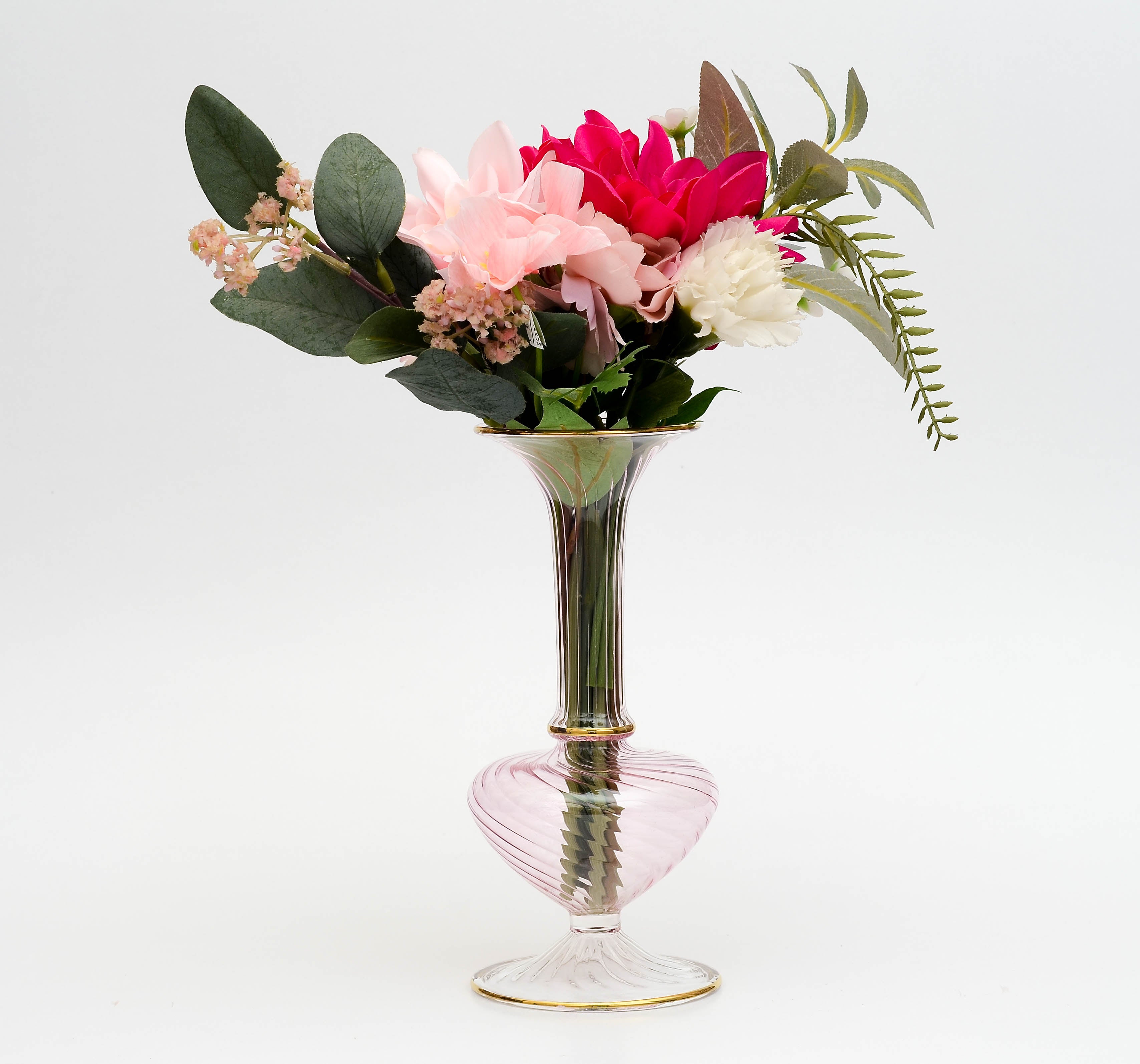 Blush hand-blown swirled glass vase with a trumpet neck and 24K gold rims — Mishkah Cairo
