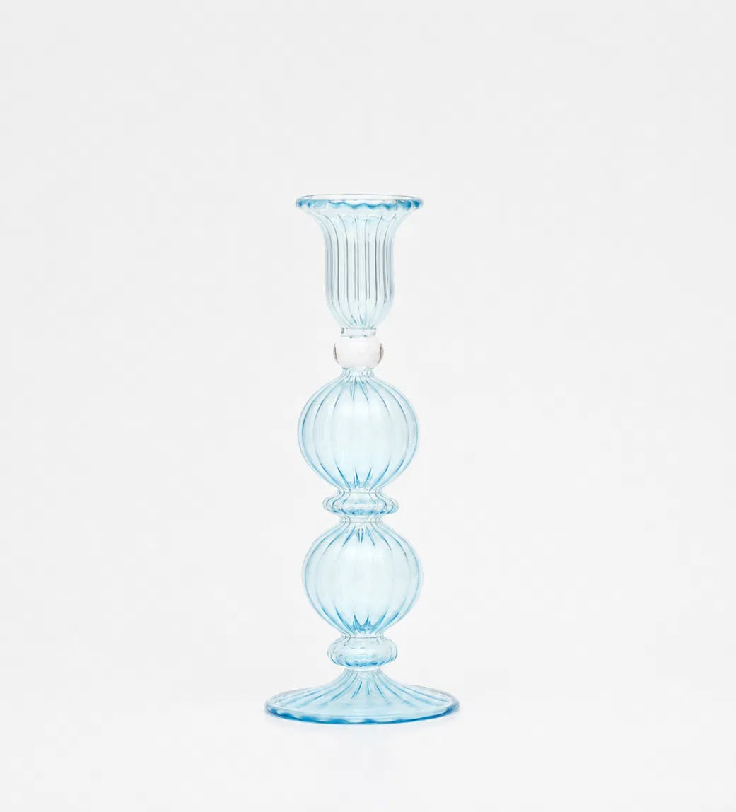 LULU Powder Blue Glass Candlestick with Pearl Bead | Mouth-Blown in Cairo | MISHKAH